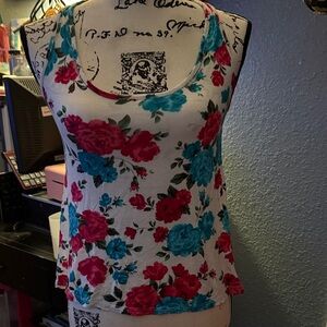 Ambiance Floral Tank Top - White with Red and Blue